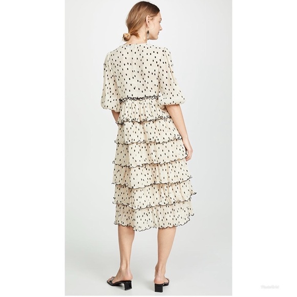 GANNI Lowell Tiered Polka Dot Plisse Beige & Black Midi Dress conservative pleat - Picture 8 of 12